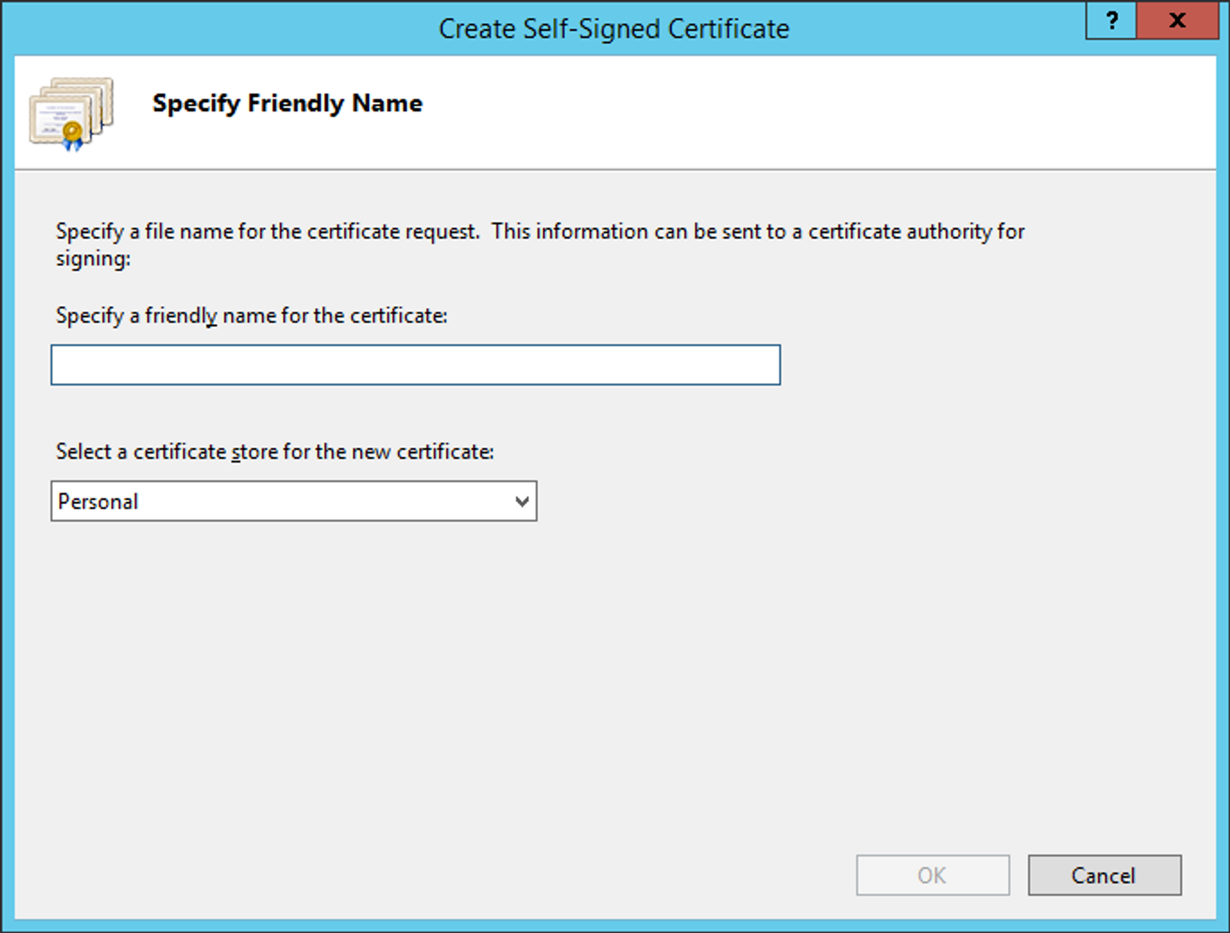 Create Self-Signed Certificate window