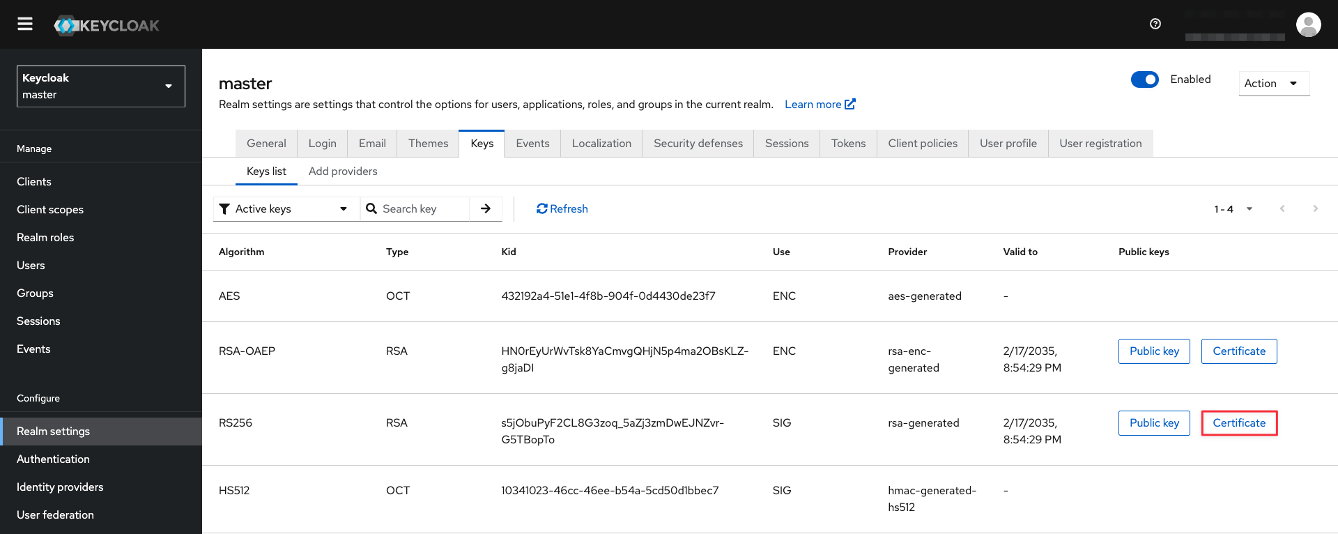 Получить в base64 публичный SSL сертификат KeyCloack