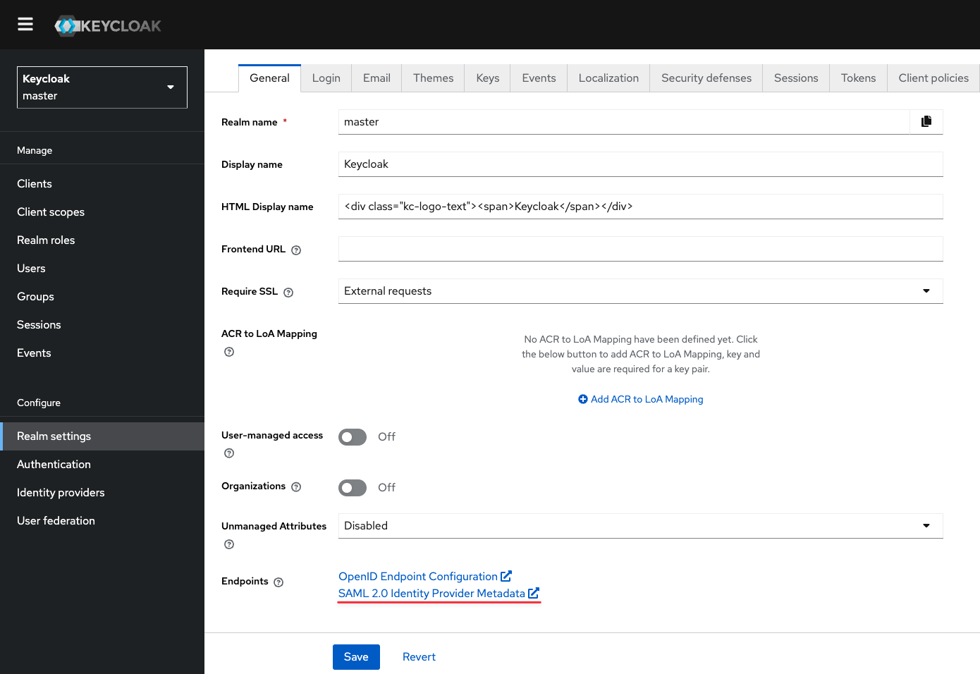 Перейти в расположение для открытия м�етаданных KeyCloack